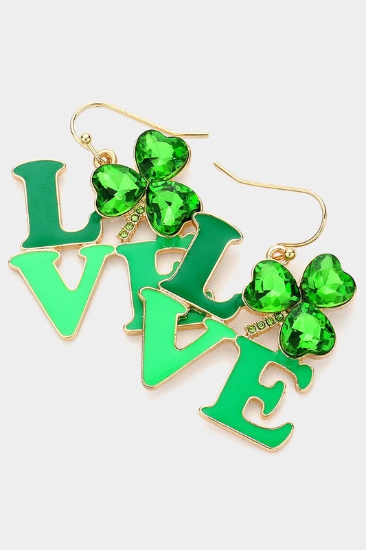 Green Love/Shamrock Bling Dangle Earrings - EAR4245GN