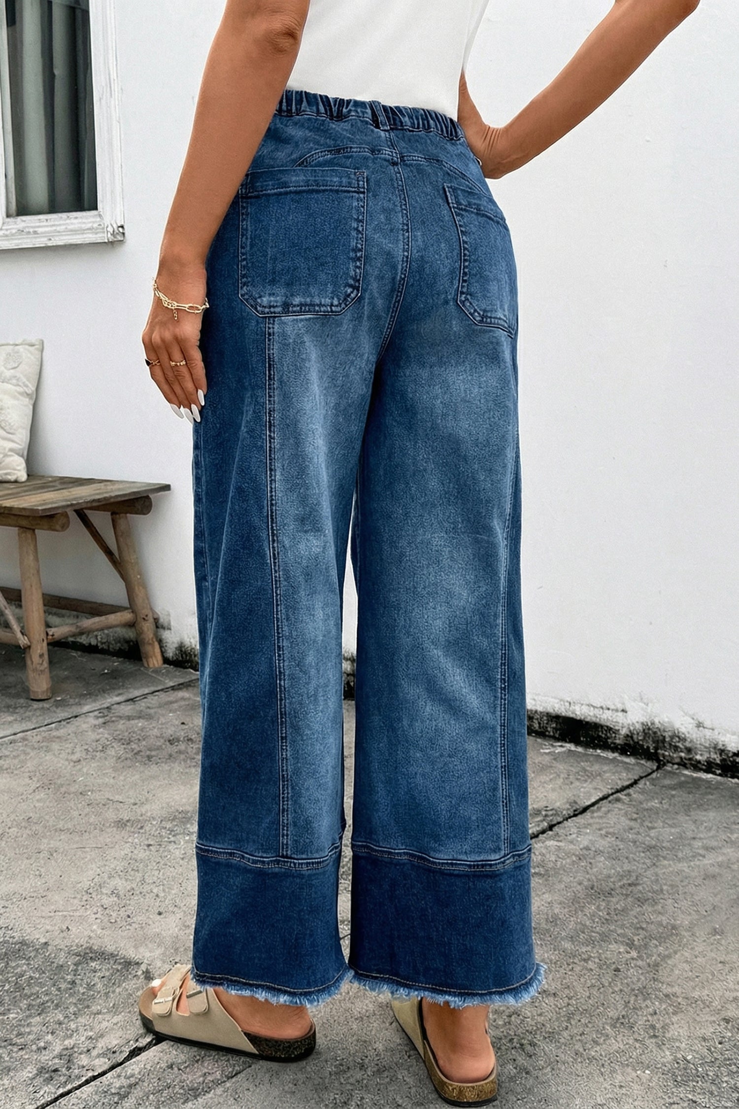 Worth Your While Dark Blue Drawstring Wide Leg Denim Pant