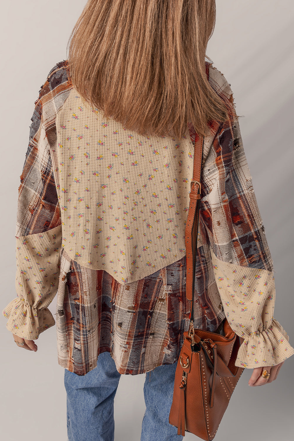 Simply Boho Blue Plaid Patchwork Distressed Waffle Knit Shacket