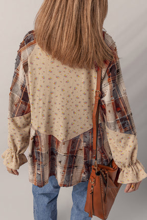 Simply Boho Blue Plaid Patchwork Distressed Waffle Knit Shacket