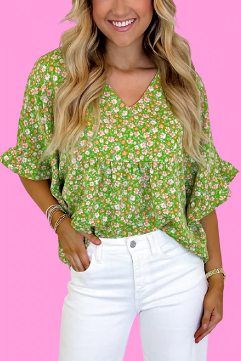 Floral Frenzy Ruffle Sleeve V Neck Top - T10956GN