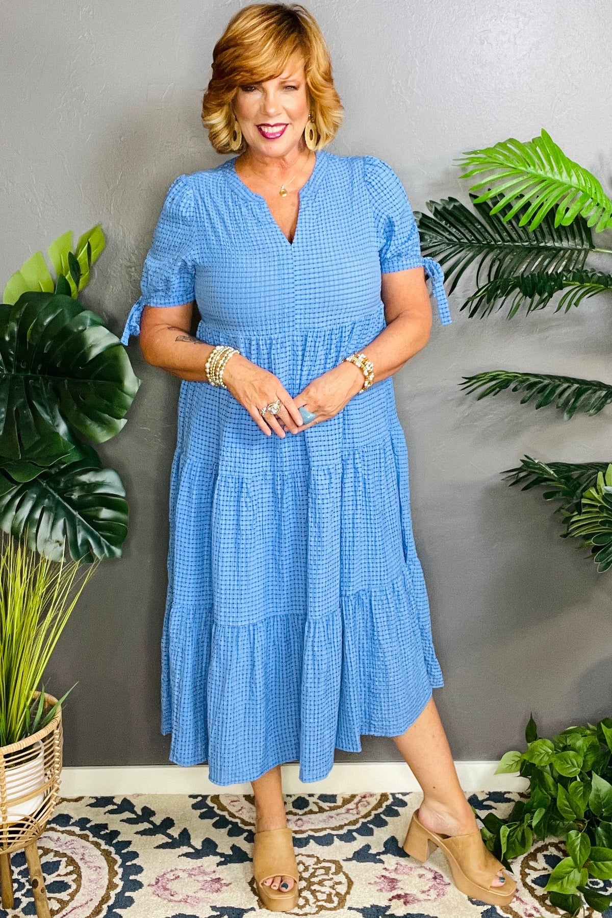 You Have My Attention Blue Gingham Tiered Midi Dress
