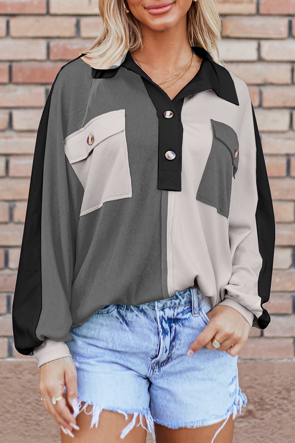 Colorblock Crush Ribbed Collared Oversized Top