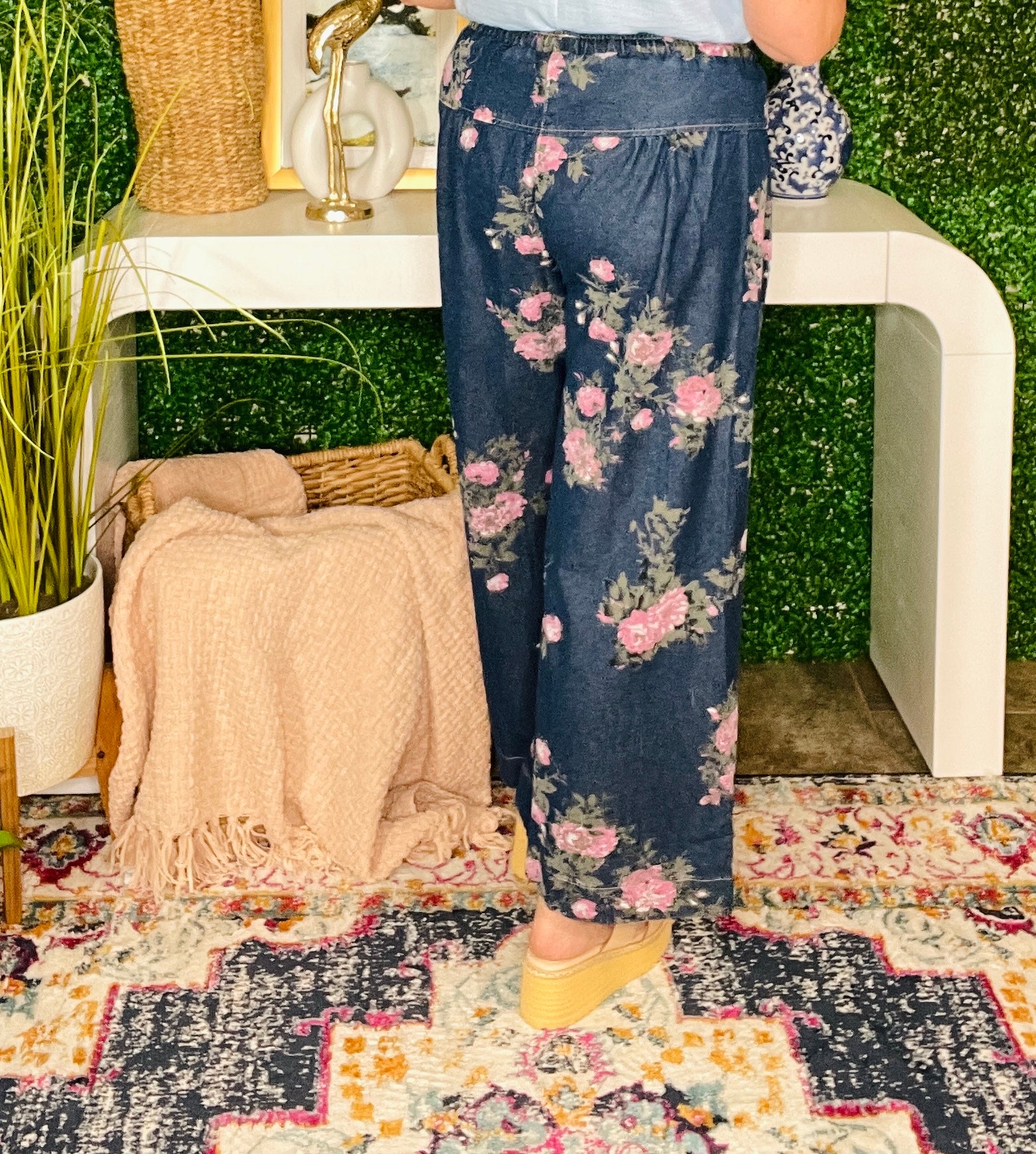 Vintage Rose Floral Print Wide Leg Jeans
