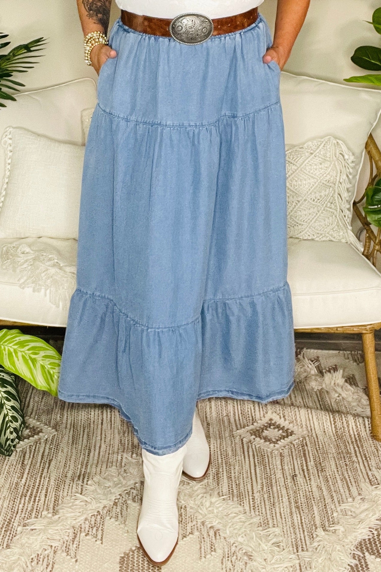 Denim Diva Ruffled Tiered Maxi Skirt