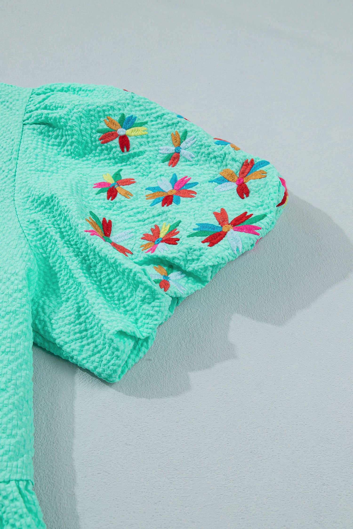 Mint All Day Embroidered Puff Sleeve Textured Top
