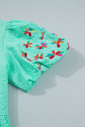 Mint All Day Embroidered Puff Sleeve Textured Top
