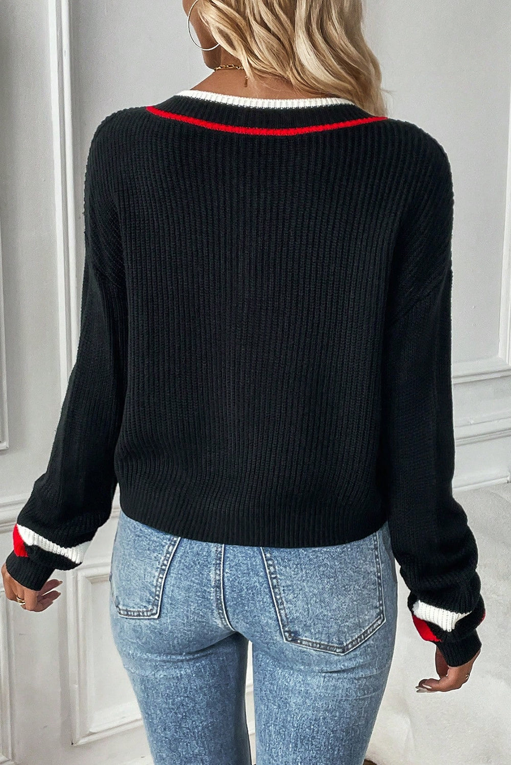 Everyday Sport Striped Trim V Neck Sweater