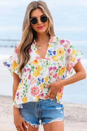 The Floral Edit Yellow Ruffled Sleeve V Neck Top