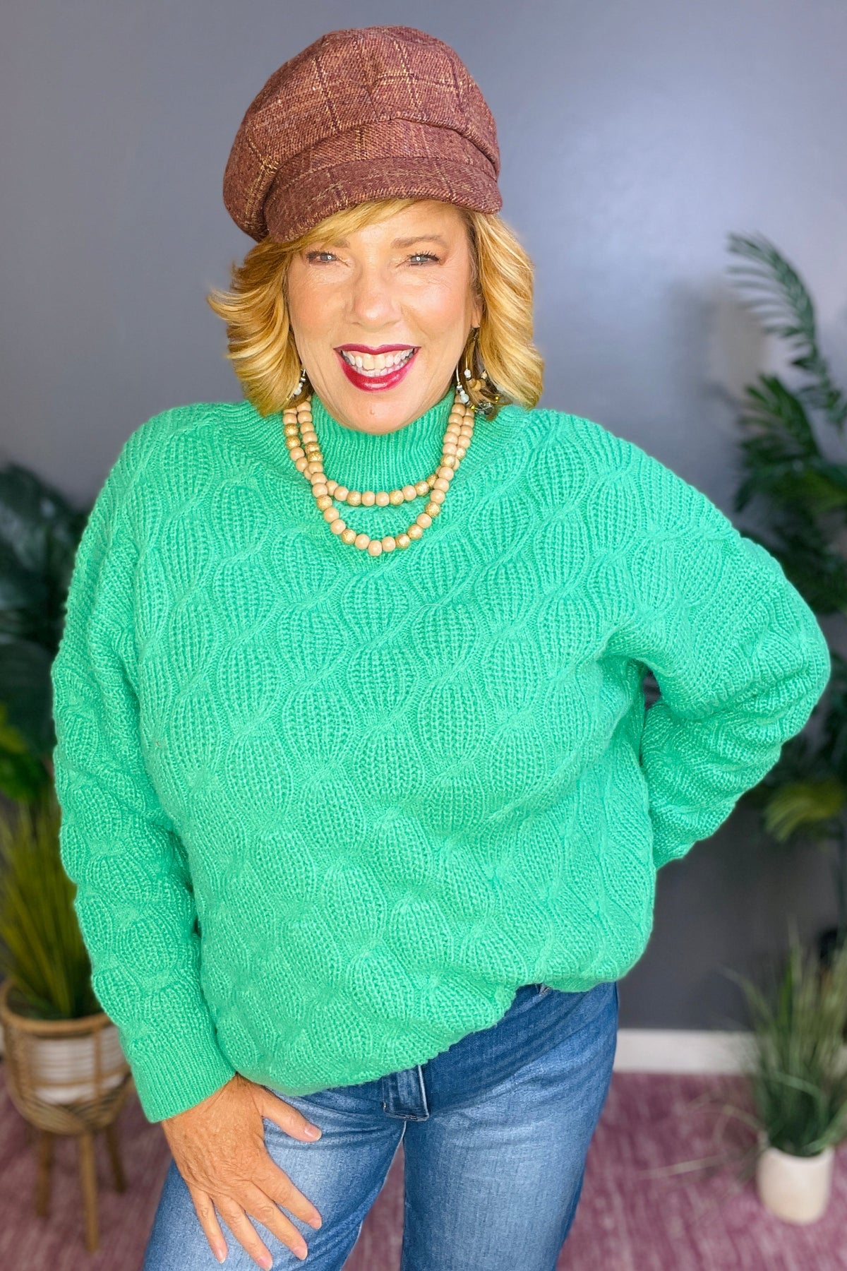 Cozy Up Cable Green Mock Sweater - S009GN