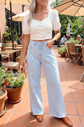 Delaney Blue Studded Side Slit Frayed Wide Leg Jeans