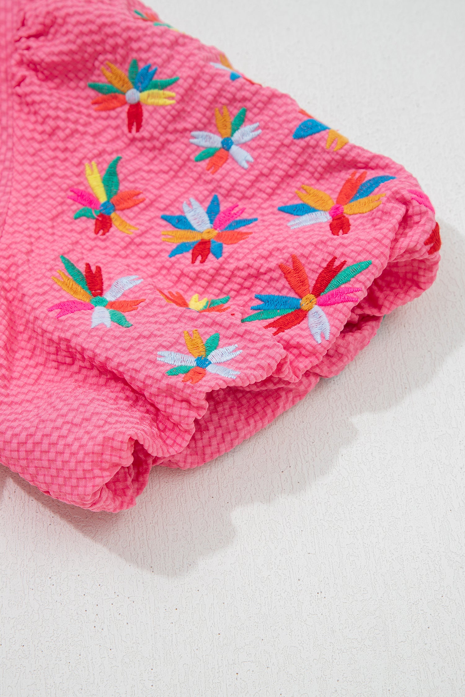 Pink All Day Embroidered Puff Sleeve Textured Top