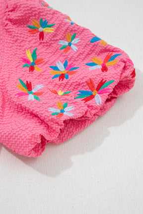 Pink All Day Embroidered Puff Sleeve Textured Top
