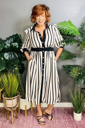 Live Your Life Stripe 3/4 Puff Sleeve Midi Dress