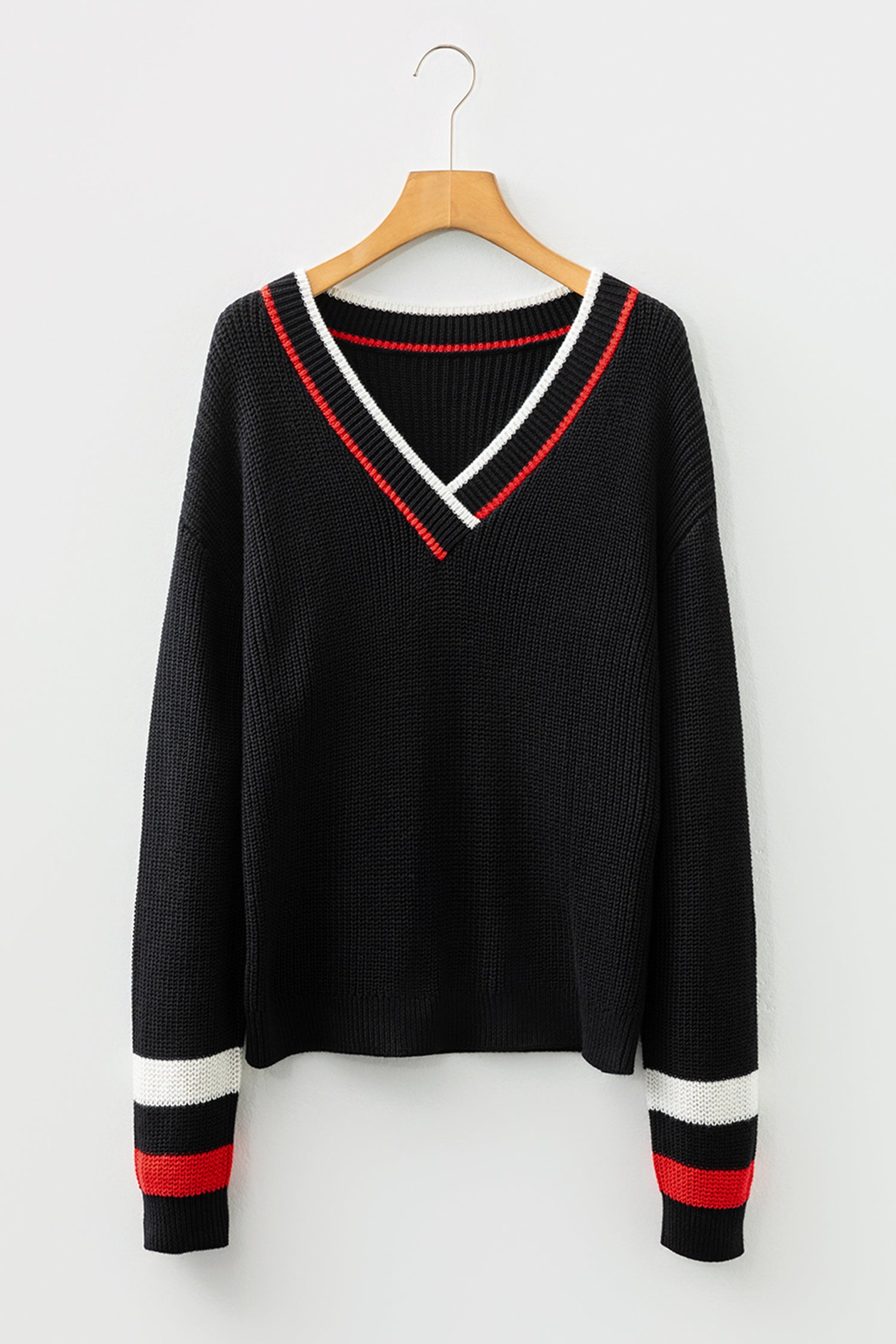 Everyday Sport Striped Trim V Neck Sweater