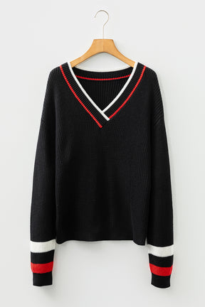 Everyday Sport Striped Trim V Neck Sweater