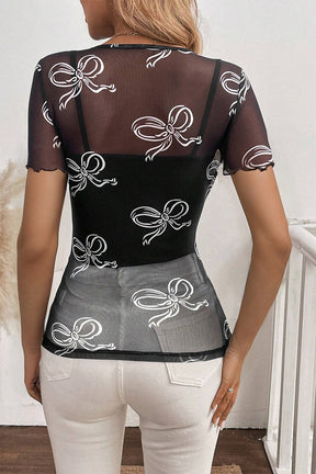 Boldly Tied Black Bow Mesh Sheer Top