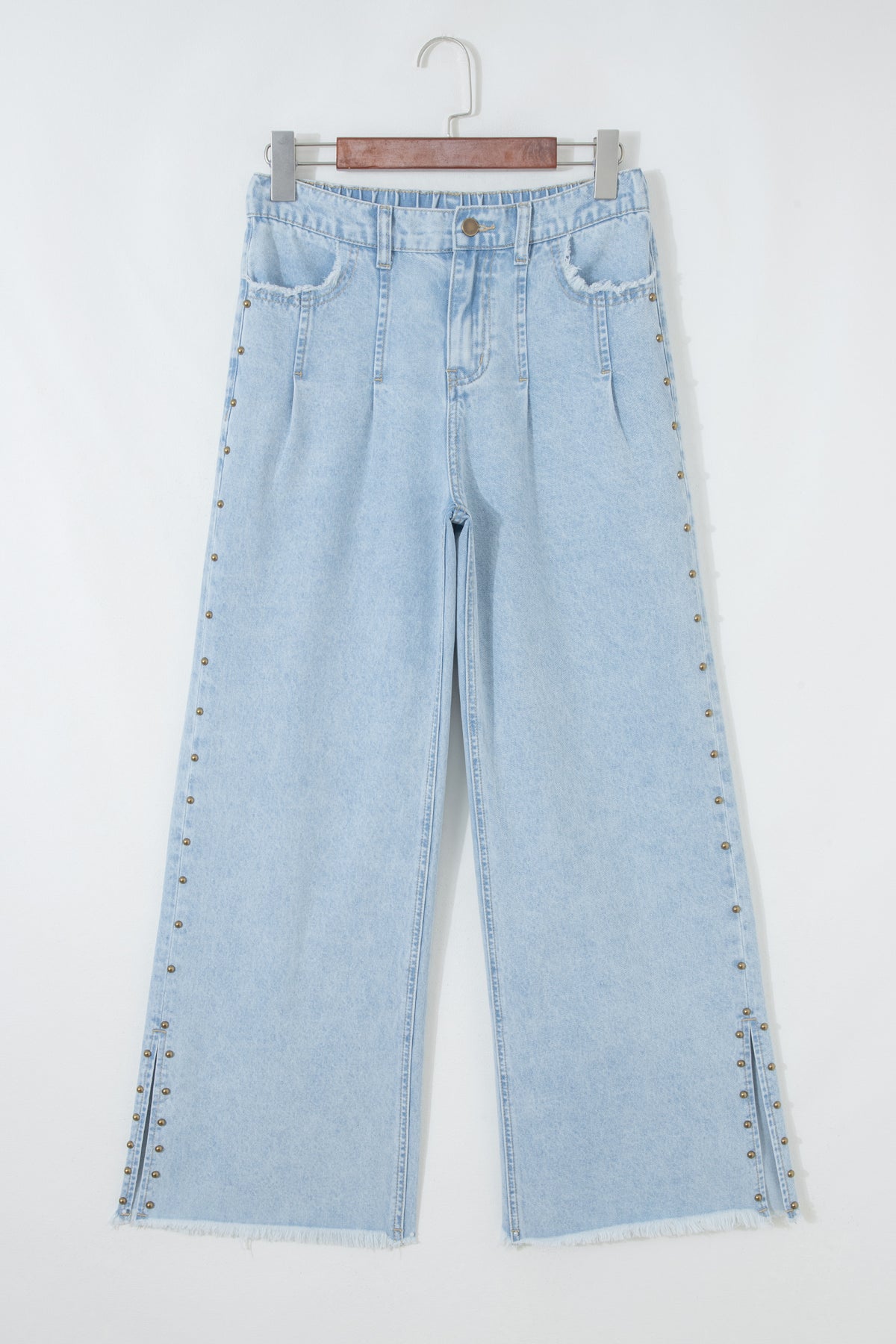 Delaney Blue Studded Side Slit Frayed Wide Leg Jeans