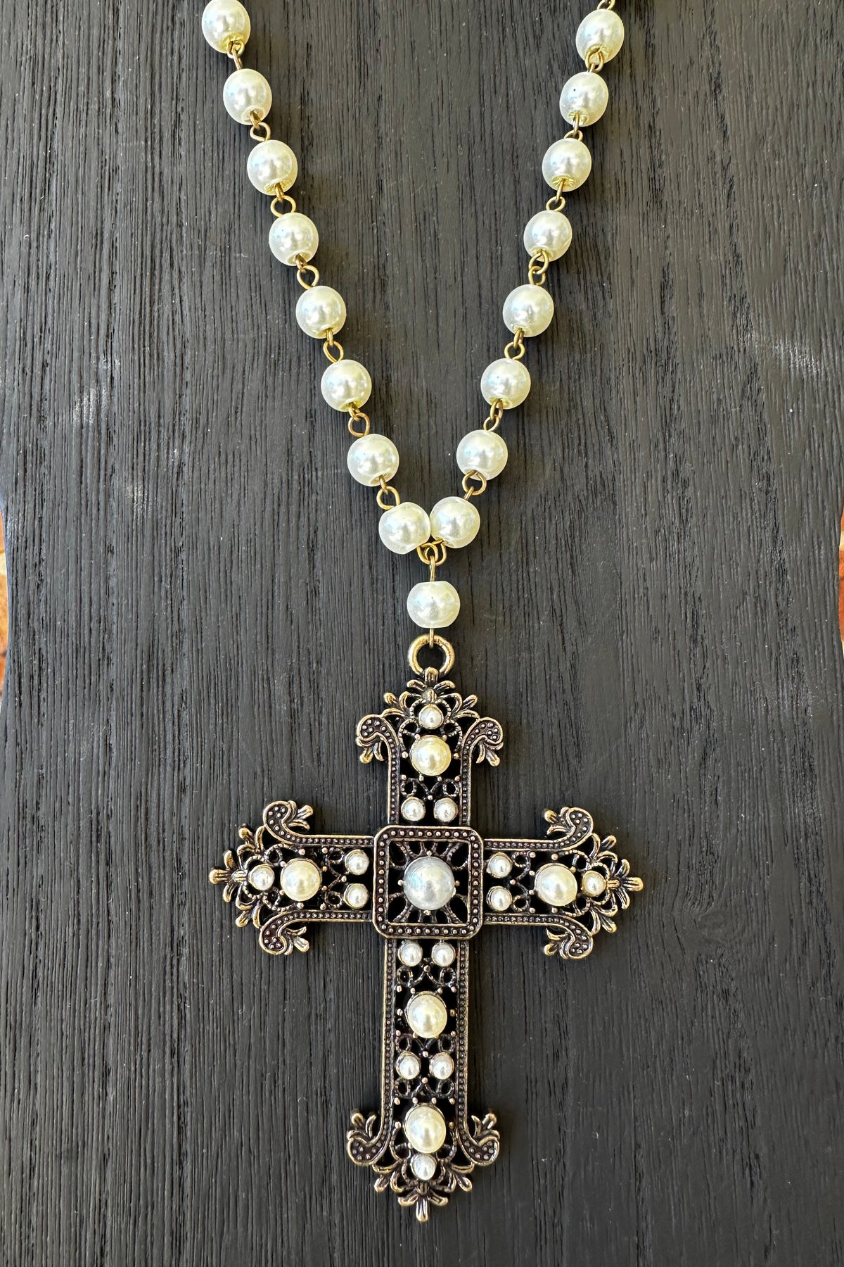 Vintage Pearl Statement Cross Necklace - N148PR
