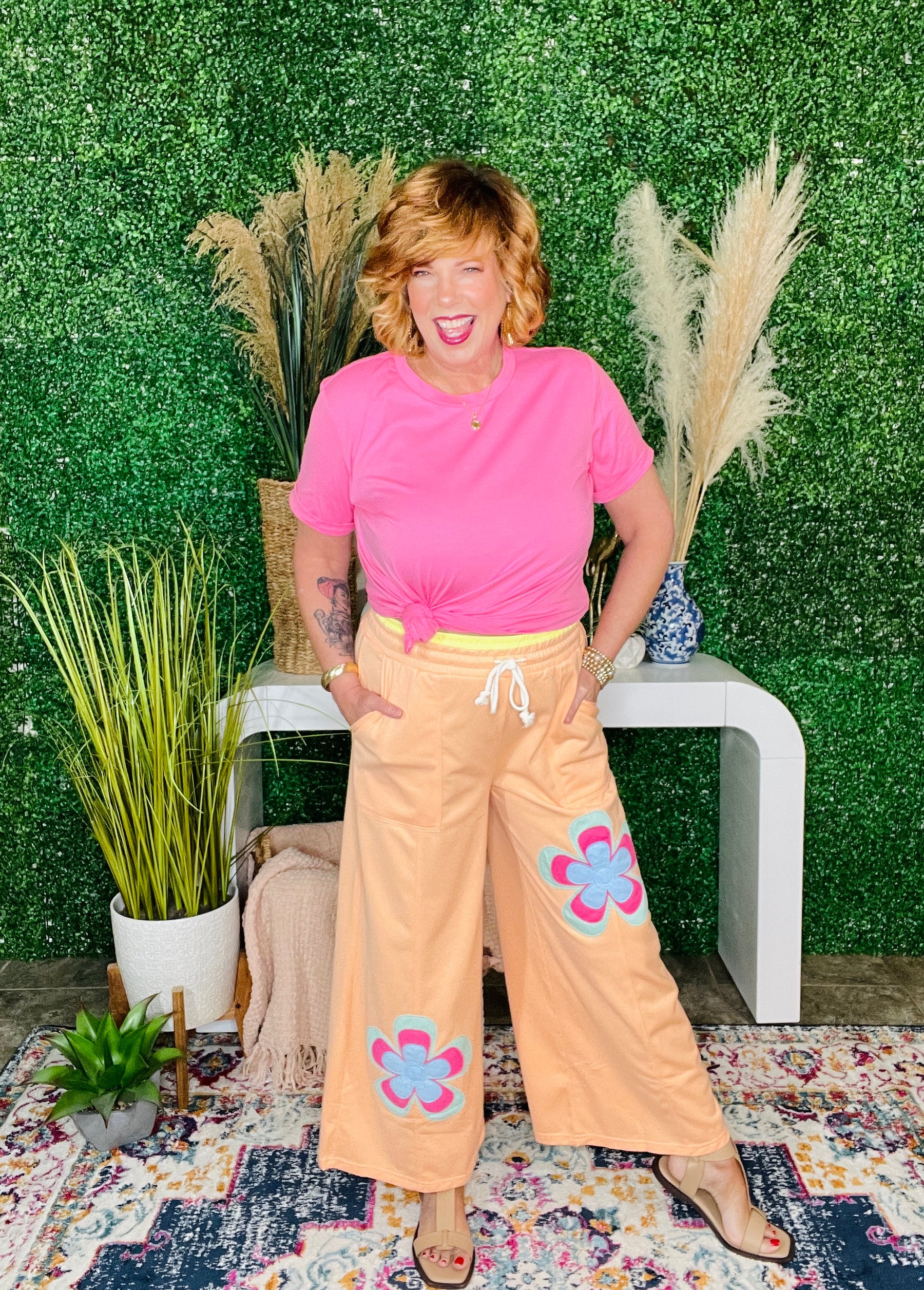 Boho Feels Grapefruit Flower Patchwork Drawstring Wide Leg Pants