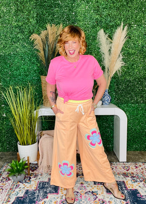 Boho Feels Grapefruit Flower Patchwork Drawstring Wide Leg Pants