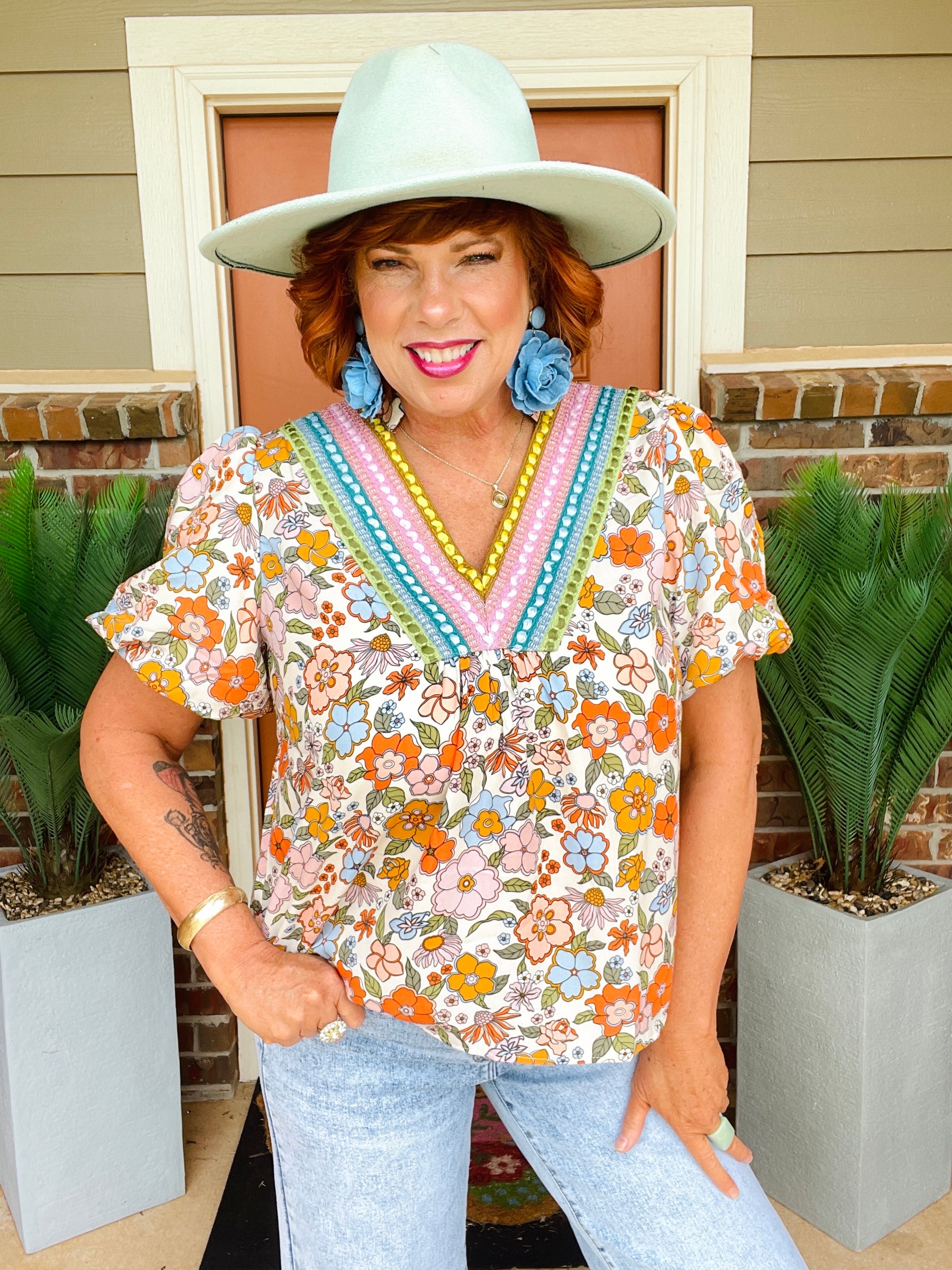 Sunshine Blooms Puff Sleeve Boho Flower Top