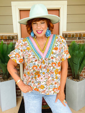 Sunshine Blooms Puff Sleeve Boho Flower Top