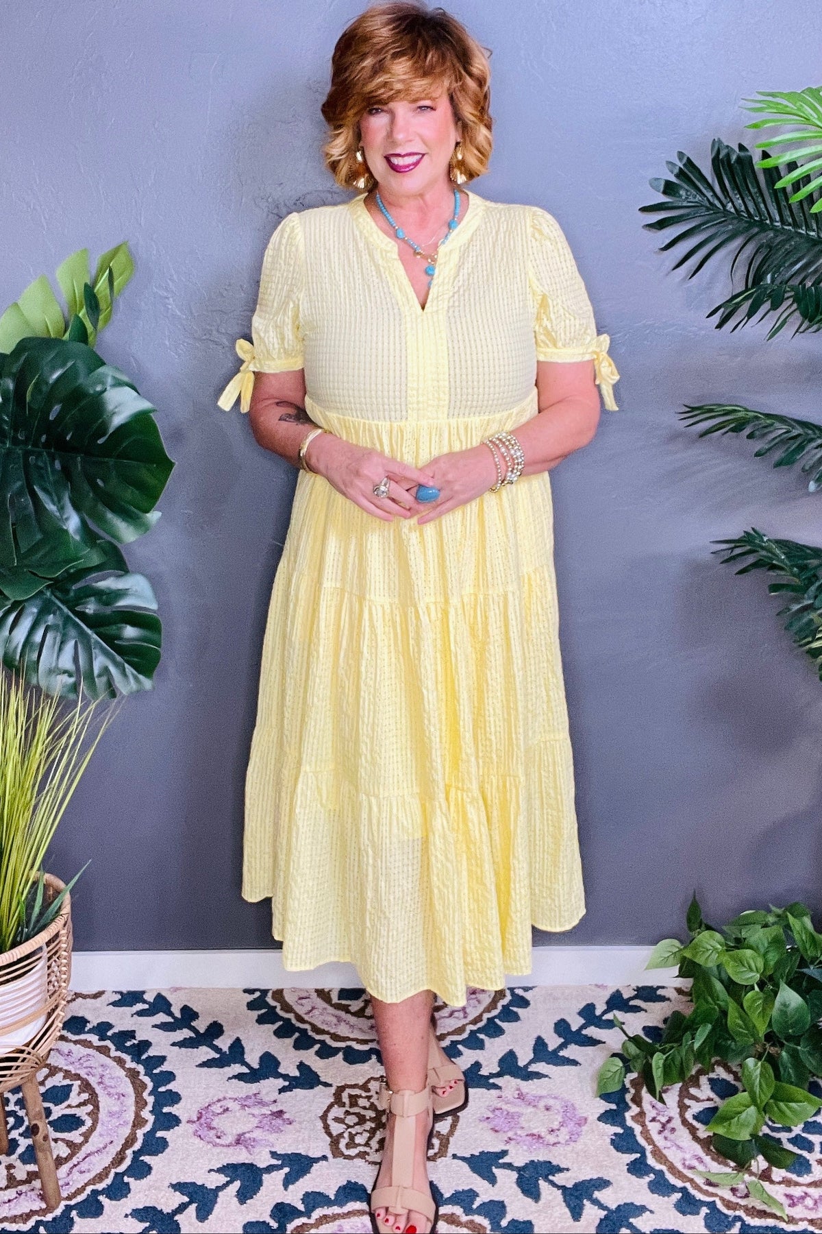 You Have My Attention Yellow Gingham Tiered Midi Dress