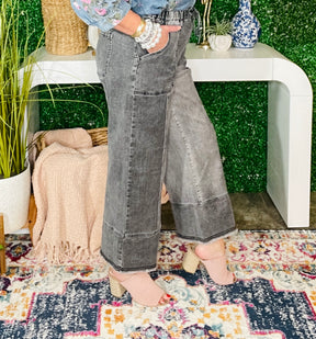 Worth Your While Gray Drawstring Wide Leg Denim Pant