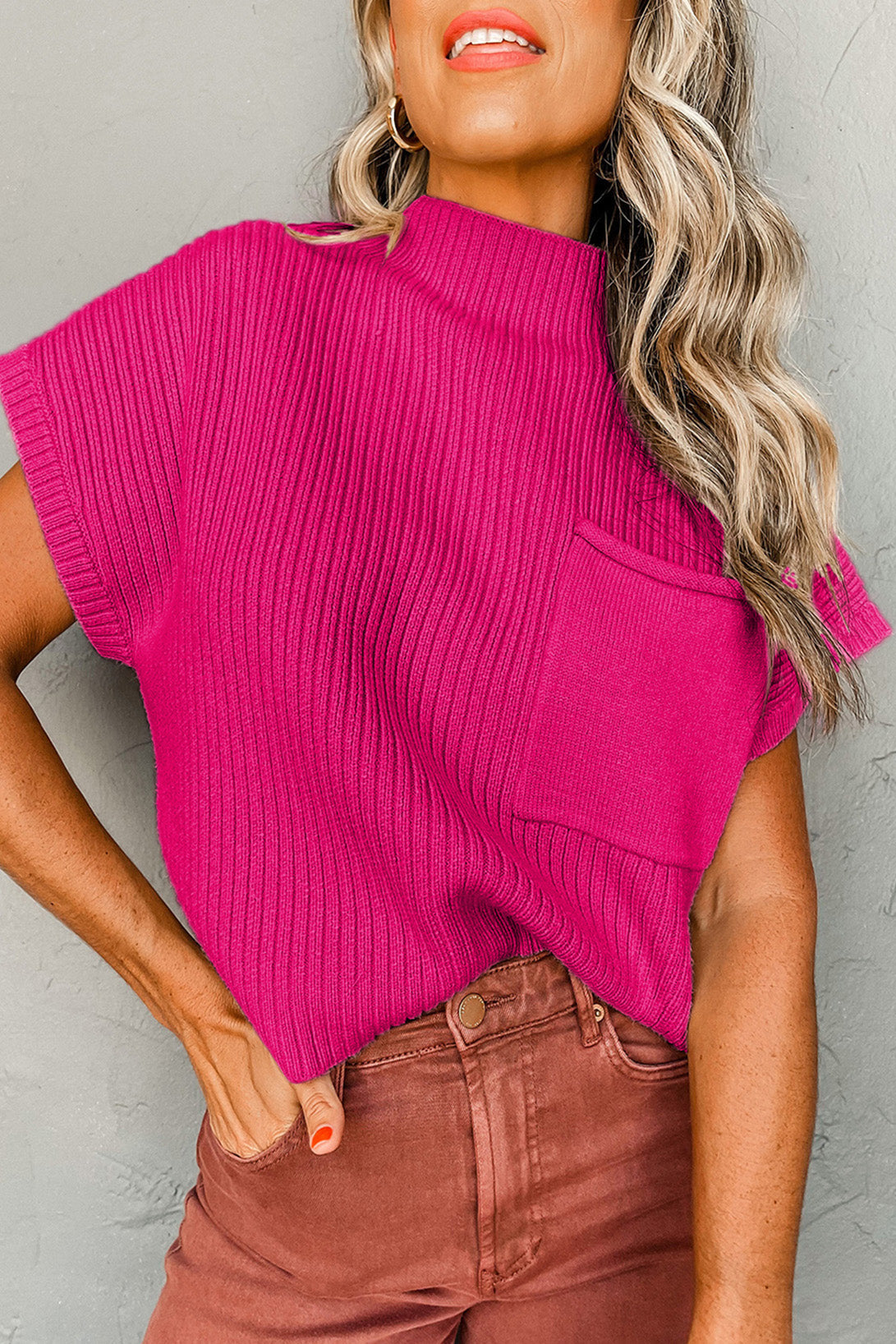 Casually Chic Rose Red Ribbed Knit Sweater