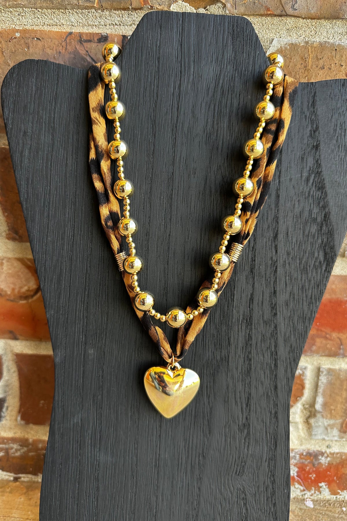 Mixed Beads Heart Charm Leopard Scarf Necklace - N156LE