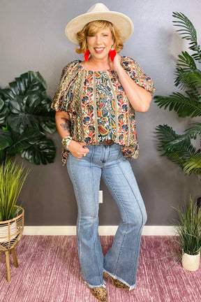 Boho Trend Floral Stripe Puff Sleeve Top