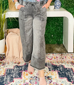Worth Your While Gray Drawstring Wide Leg Denim Pant