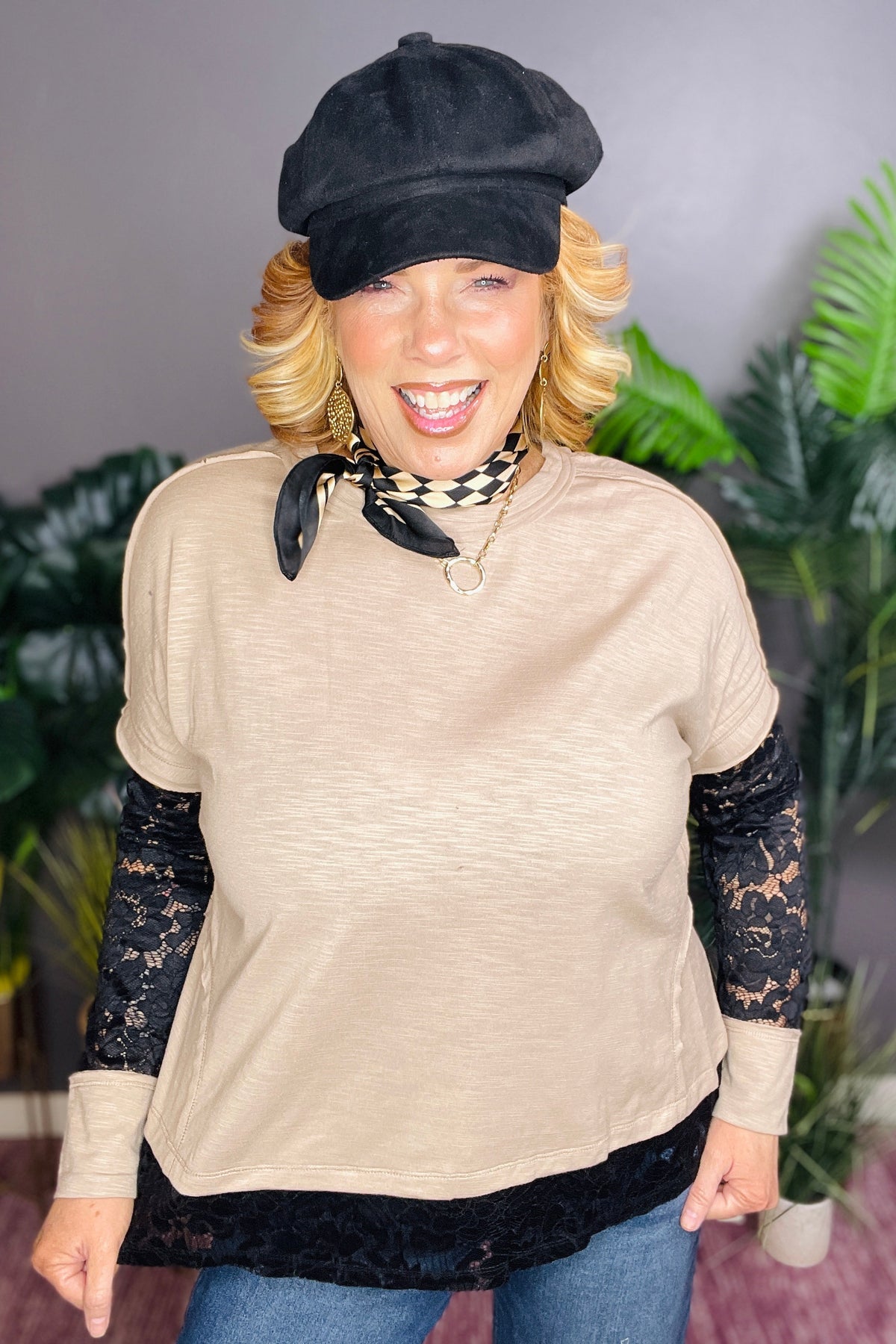 Lost In Lace Beige Sheer Lace Patchwork Top