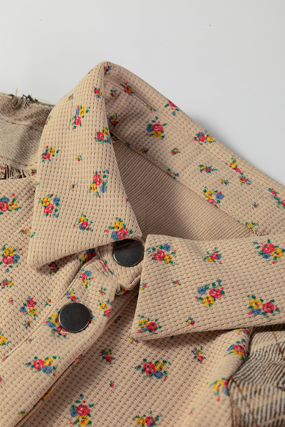 Simply Boho Oatmeal Plaid Patchwork Distressed Waffle Knit Shacket