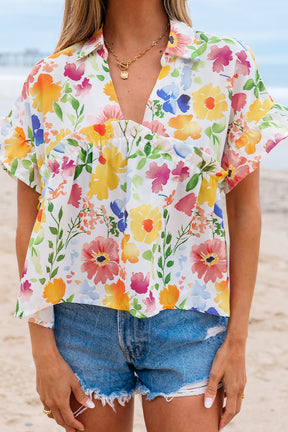 The Floral Edit Yellow Ruffled Sleeve V Neck Top