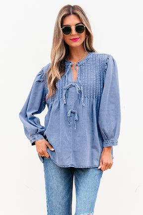 So Little Time Denim Front Bow Tie Top