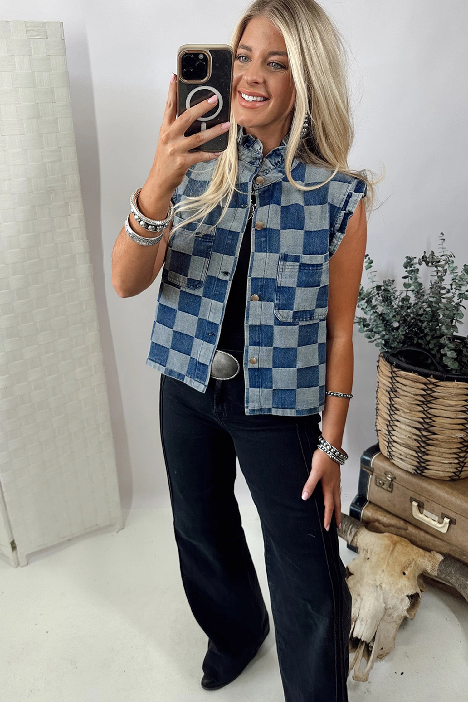 Vibes In Check Denim Vest