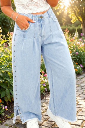 Delaney Blue Studded Side Slit Frayed Wide Leg Jeans