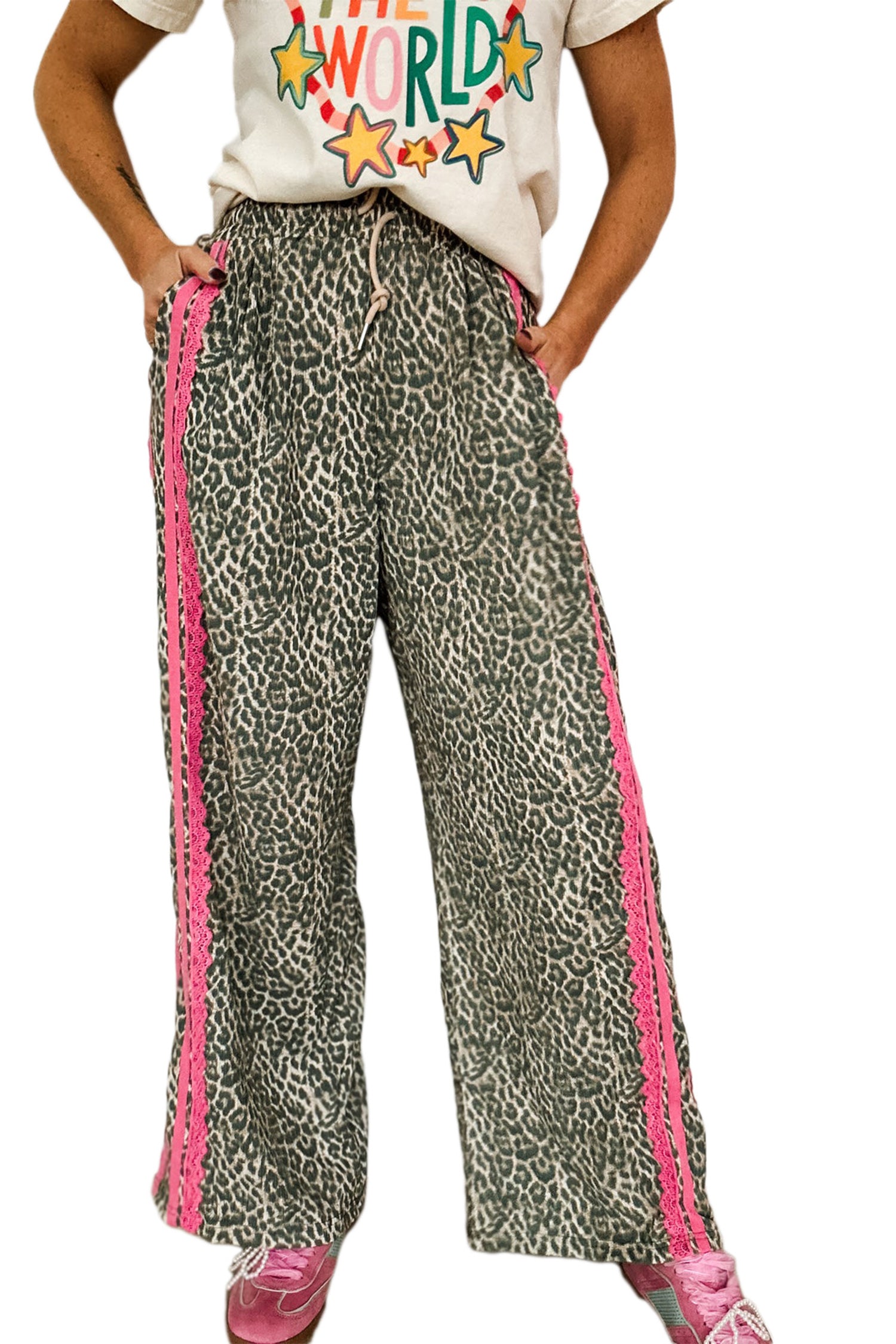 Pretty Fierce Pink Contrast Lace Striped Detail Drawstring Pants