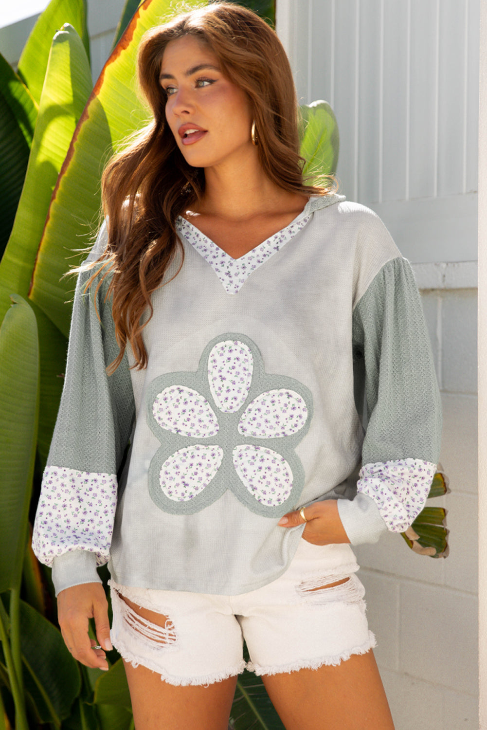 Simply Patched Green Waffle V Neck Top