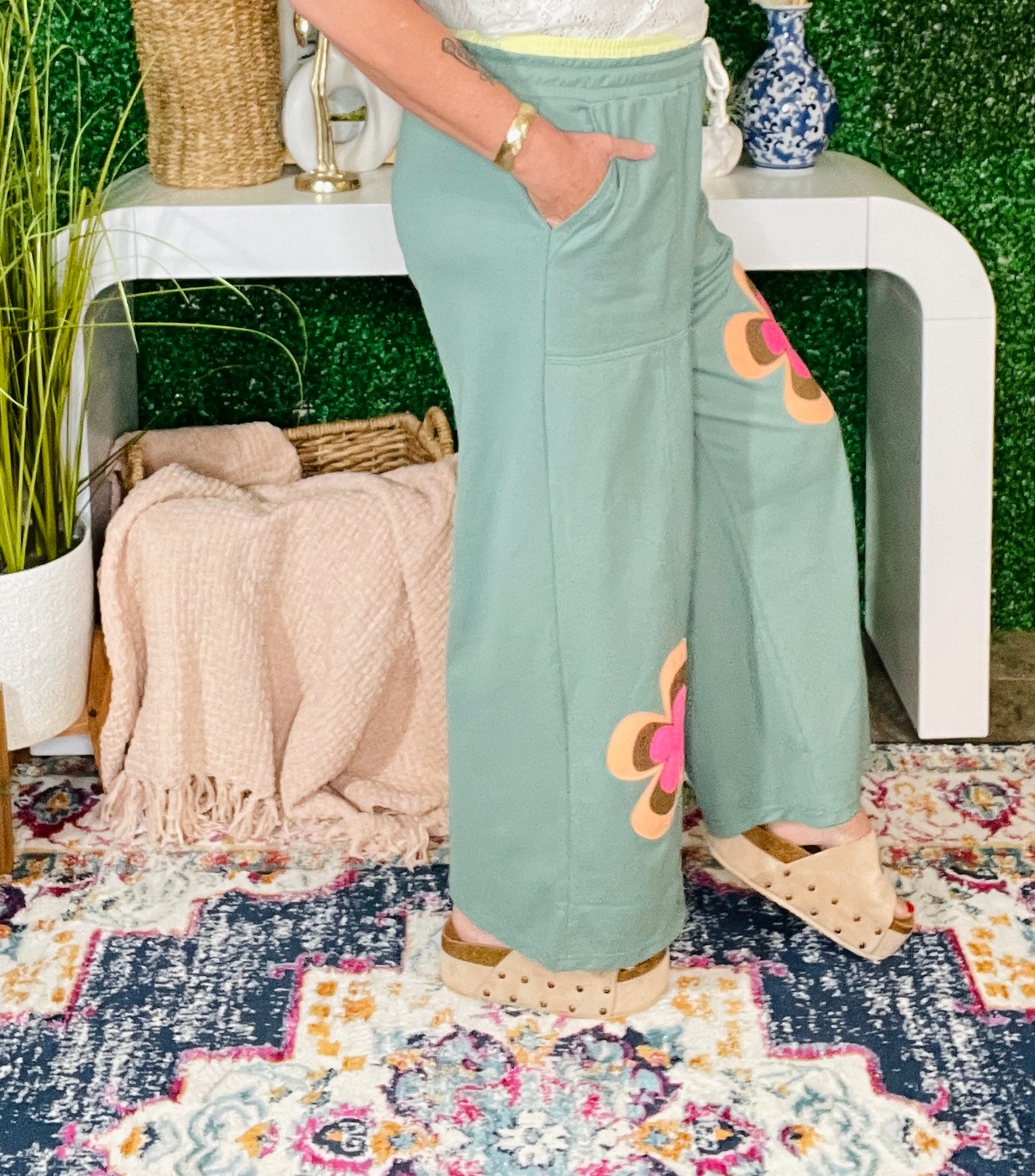 Boho Feels Sea Green Flower Patchwork Drawstring Wide Leg Pants