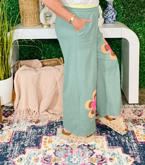 Boho Feels Sea Green Flower Patchwork Drawstring Wide Leg Pants