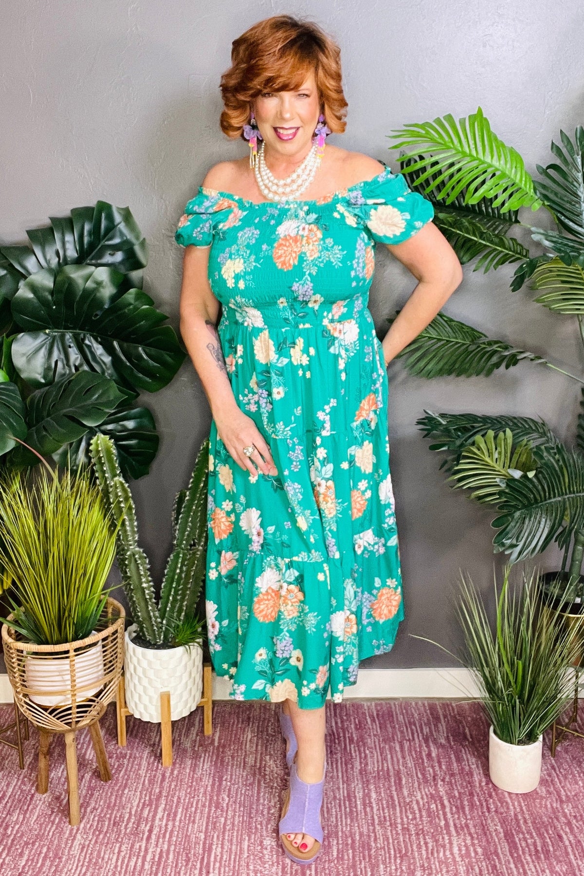 Garden Stroll Floral Print Smocked Tiered Midi Dress