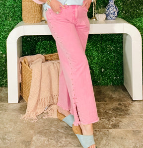 Delaney Pink Studded Side Slit Frayed Wide Leg Jeans