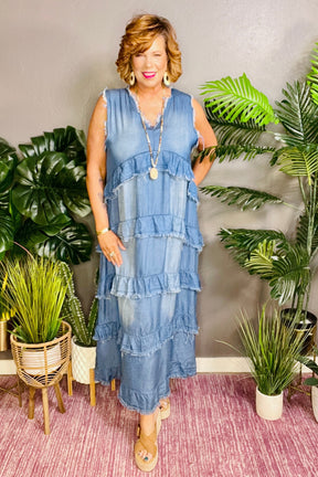Dress It Up Raw Hem Denim Maxi Dress