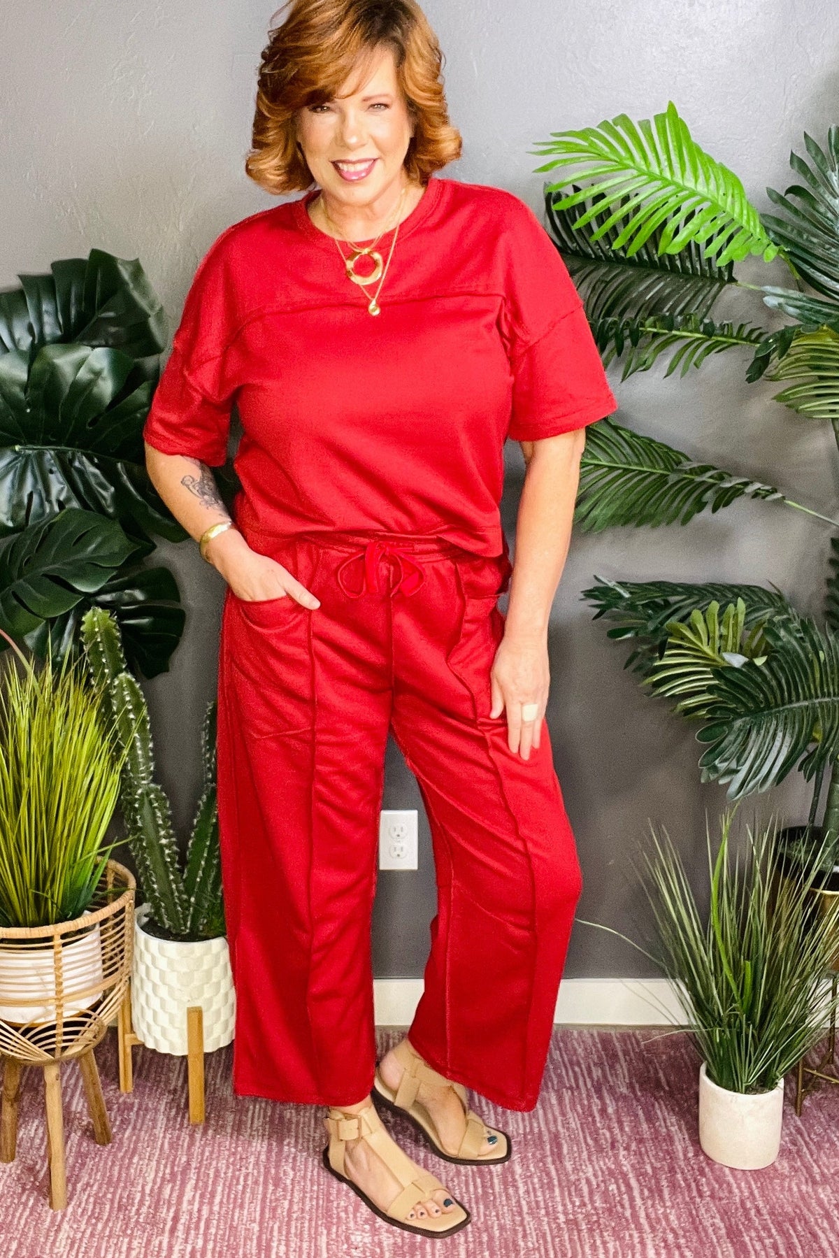 Here For It Racing Red Top and Barrel Pant Set