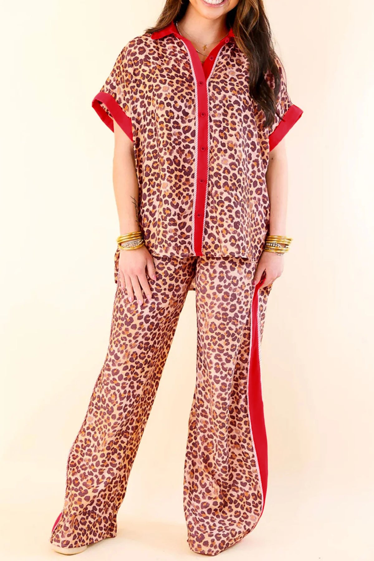 Time To Relax Leopard Red Stripe Top and Pants Set