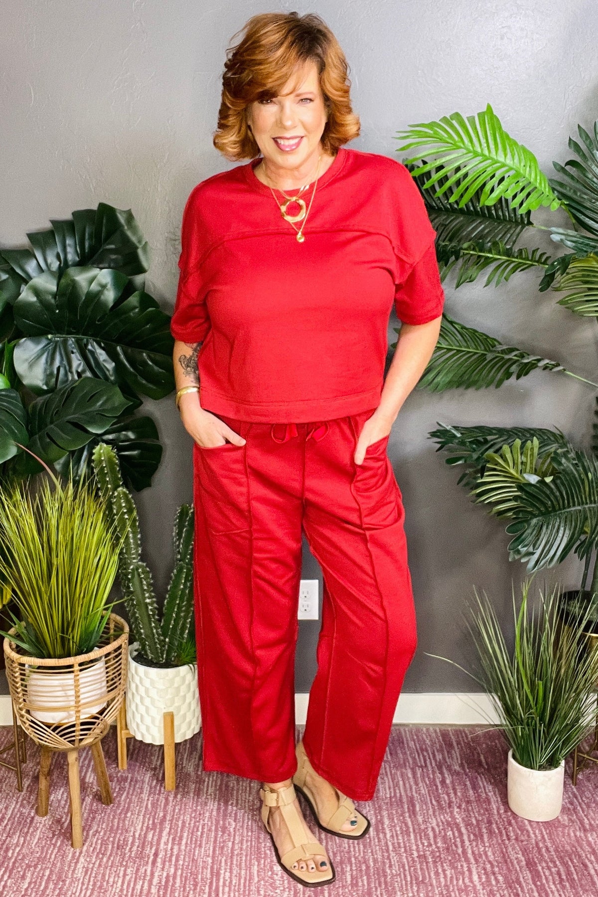 Here For It Racing Red Top and Barrel Pant Set