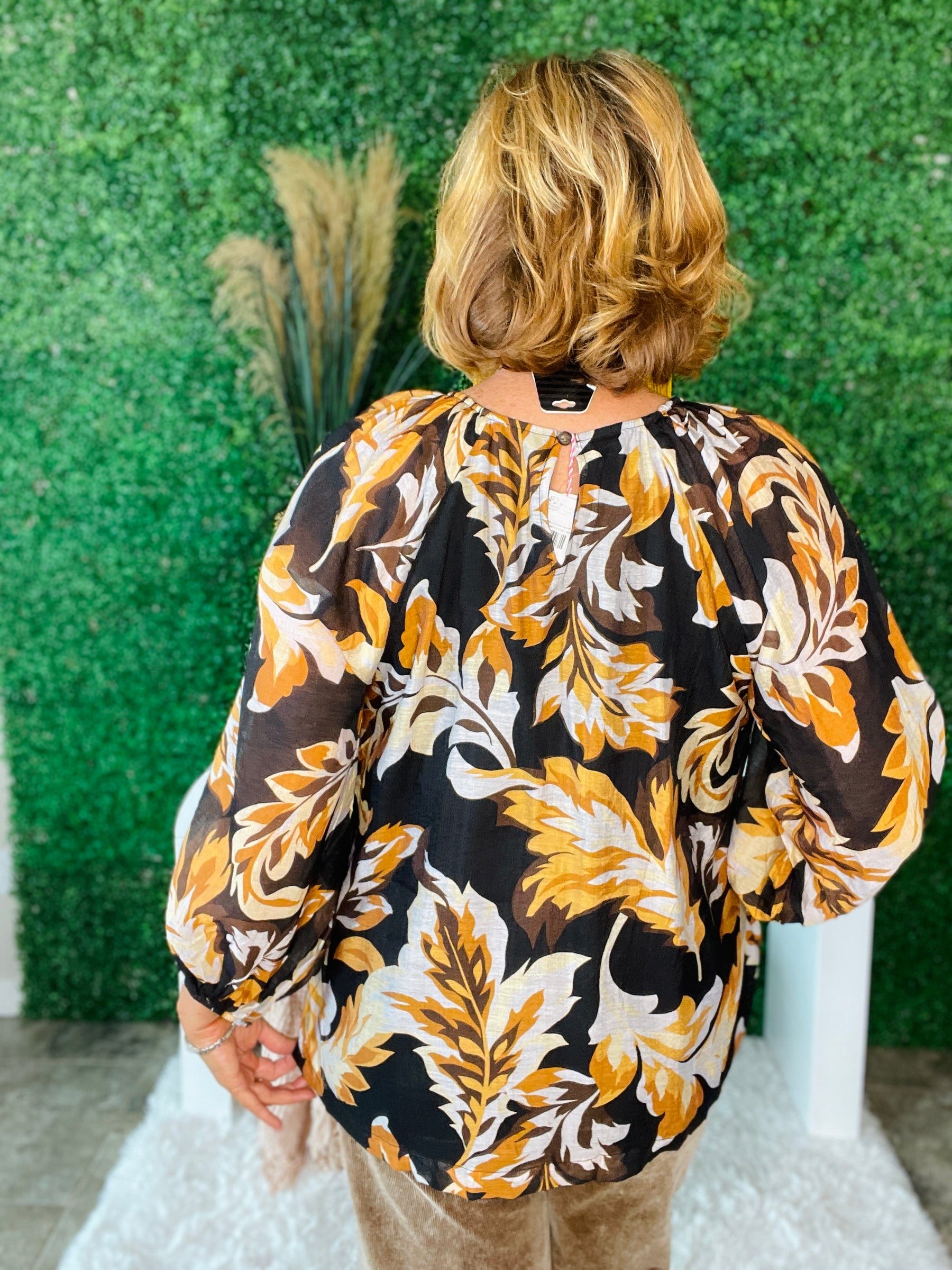 Simply Autumn Leaf Print Balloon Sleeve Top